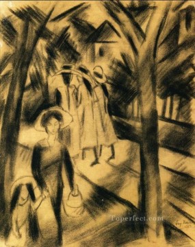 Expresionismo Painting - Mujer con niño y niñas en una carretera expresionista
